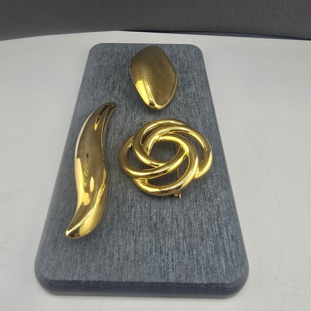 Vintage Monet Brooch Gold Tone Abstract Swirl Geometric Lot 3pc